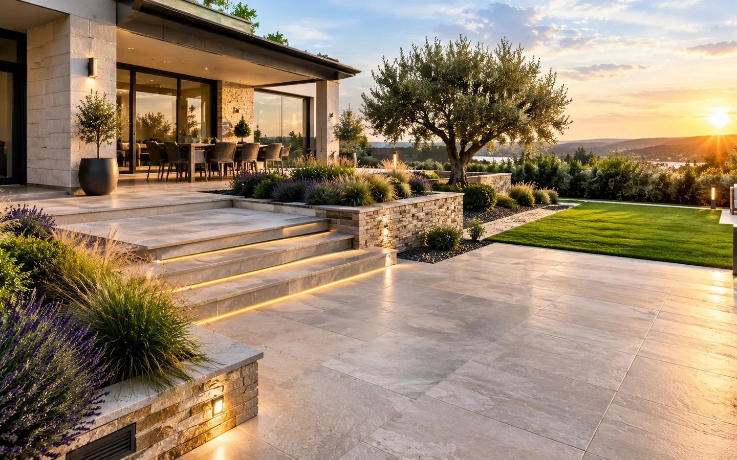 Visuel d’illustration : allée pavée, terrasse et bordures dans un aménagement extérieur résidentiel